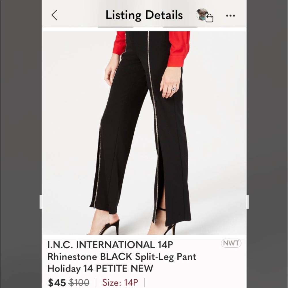 I.N.C. INTERNATIONAL 14P Rhinestone BLACK Split-Leg Pant Holiday 14 PETITE NEW